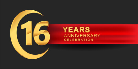 16th anniversary design logotype golden color with ring and red ribbon for anniversary celebration