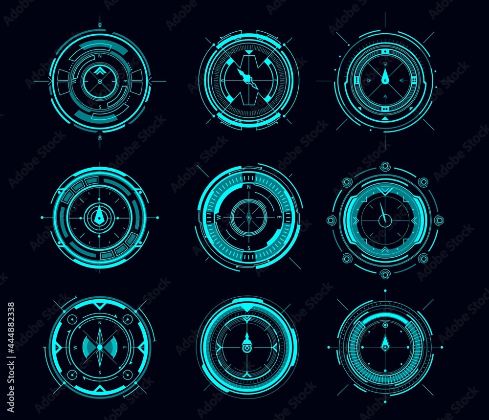 Poster HUD compass or aim control panel vector futuristic user interface of Sci Fi. HUD game navigation compass and military aim system, sniper weapon target, scope crosshair, collimator sight, shoot range