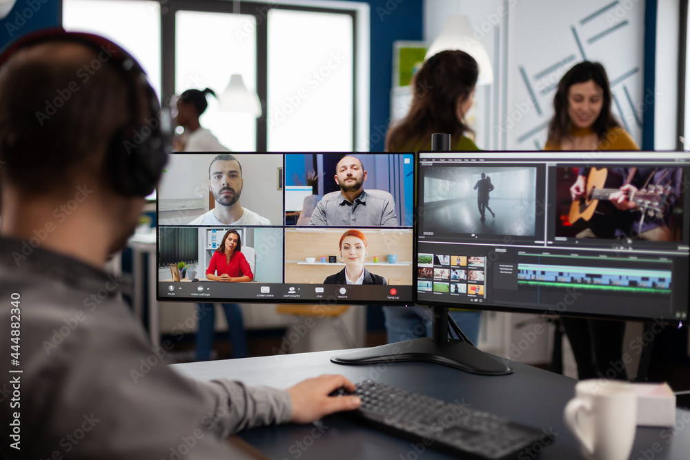 Poster project manager in web online meeting with team on video call editing client work, getting feedback 