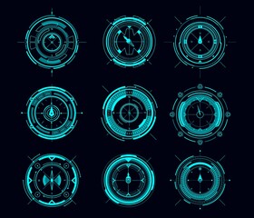 HUD compass or aim control panel vector futuristic user interface of Sci Fi. HUD game navigation compass and military aim system, sniper weapon target, scope crosshair, collimator sight, shoot range © Vector Tradition