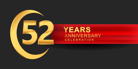 52nd anniversary design logotype golden color with ring and red ribbon for anniversary celebration