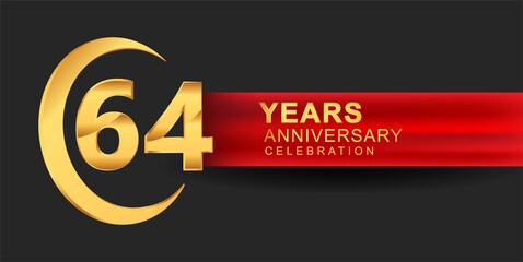 64th anniversary design logotype golden color with ring and red ribbon for anniversary celebration