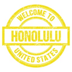 WELCOME TO HONOLULU - UNITED STATES, words written on yellow stamp