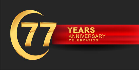 77th anniversary design logotype golden color with ring and red ribbon for anniversary celebration