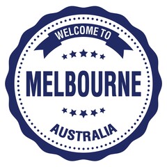 WELCOME TO MELBOURNE - AUSTRALIA, words written on blue stamp