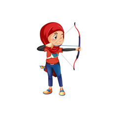 person with bow and arrow, Arab boy, Muslim woman shooting archery. aim arrow