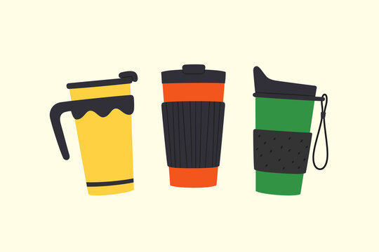 Set of tumblers with cap and handle. Reusable cups and thermo mugs. Different designs of thermos for take away coffee. Vector illustrations isolated in flat and cartoon style on light background.