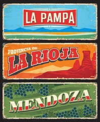 La Pampa, La Rioja and Mendoza provinces and regions of Argentina vector vintage plates. Talampaya canyon, Pampas lowland nature landscape and wine grapes old tin banners, Argentine travel design