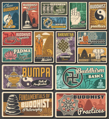 Buddhism religion shrines, meditation retro banners and posters. Buddhism monk, Buddha, yin and yang, endless knot and sauwastika symbols, treasure vase, dharma wheel and pebble pile, lotus flower © Vector Tradition