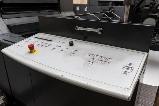 The control panel of the printing press