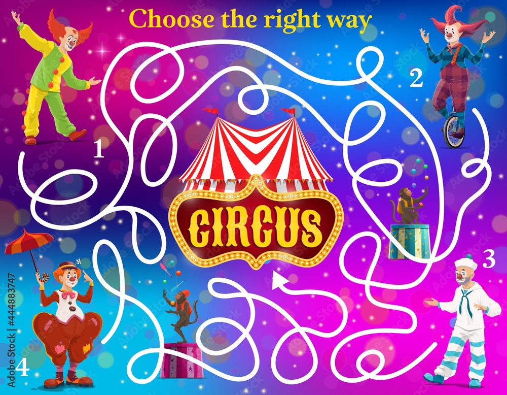 Poster labyrinth maze vector kids game with circus clowns. find right way to circus shapito big top tent ed