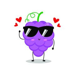 Vector illustration of grape character with cute expression, lovely, sunglasses, grapes isolated on white background, simple minimal style, fresh fruit for mascot collection, emoticon