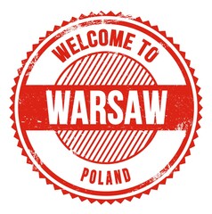 WELCOME TO WARSAW - POLAND, words written on light red stamp