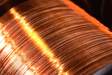 Closeup macro photo copper cable coil background texture, industry factory - obrazy, fototapety, plakaty