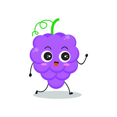 Vector illustration of grape character with cute expression, walking, smile, happy, grapes isolated on white background, simple minimal style, fresh fruit for mascot collection, emoticon