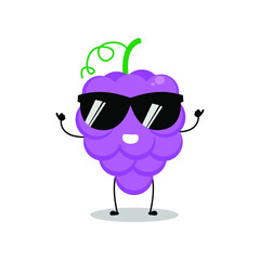 Vector illustration of grape character with cute expression, stylist, fun sunglasses, grapes isolated on white background, simple minimal style, fresh fruit for mascot collection, emoticon