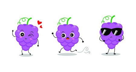 Vector illustration of grape character with various cute expression, fun and lovely, adorable grapes isolated on white background, simple minimal style, fresh fruit for mascot collection, emoticon