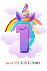 Unicorn number one, happy birthday greeting card for ui game.