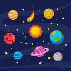 Colorful space element planet collection. Flat vector cartoon design