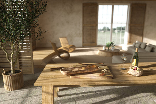 Scandinavian farmhouse style. Beige wooden living room interior and kitchen. Dining table with food. 3d render illustration.