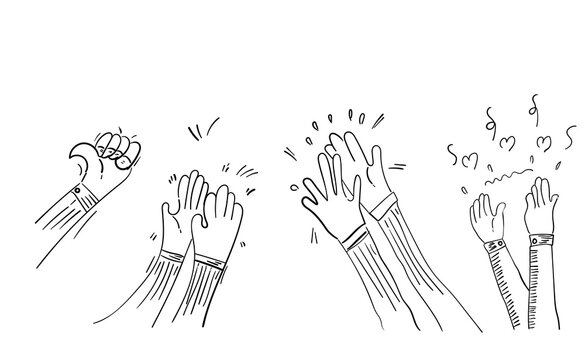 Set of Hand Drawn Applause, Hands Clapping Ovation Gesture With Doodle Style