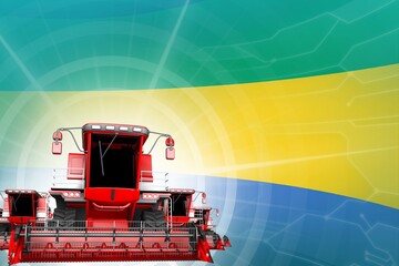 Naklejka premium Farm machinery modernisation concept, 3 red modern farm combine harvesters on Gabon flag - digital industrial 3D illustration