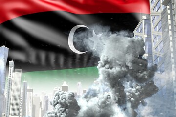 large smoke pillar in the modern city - concept of industrial explosion or terrorist act on Libya flag background, industrial 3D illustration