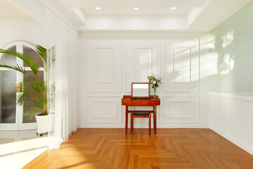 테이불과 의자, 그리고 그린벽과 우드 바닥이 있는 리빙룸