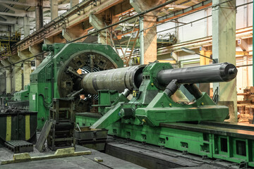 Fototapeta na wymiar Lathe machine for processing metal production in metalwork factory.