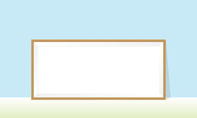 Obraz premium horizontal wood frame on the floor blue sky wall 3d mockup illustration
