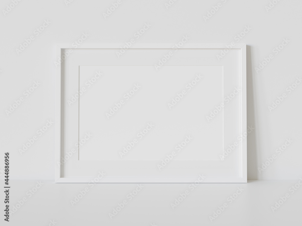 Poster white frame leaning on white floor in interior mockup. template of a picture framed on a wall 3d ren