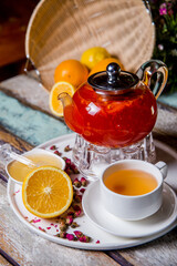 fruit tea in a glass teapot at a tea ceremony
