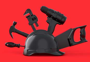 Top view of monochrome construction tools for repair on red and black