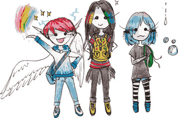 Print with cartoon characters, freehand drawing. Sketch three girls in anime style with backpacks