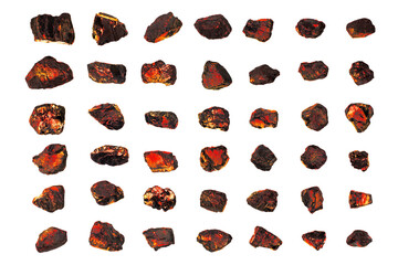 Red hot coal stones set isolated white, burning natural black charcoal pieces texture, flaming...