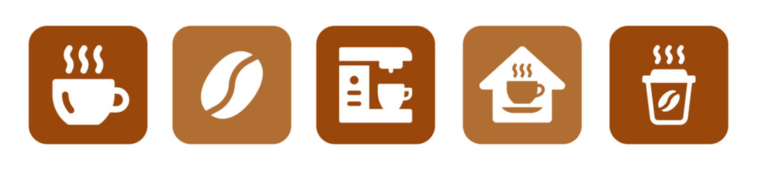 Coffee set. Containing hot coffee in cup, coffee bean, coffee maker, cafe and take away cup symbol vector illustration.