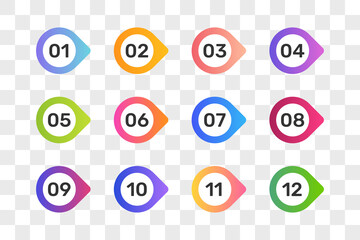 Set of colorful numbers button multicolored from 1 to 12 isolated on transparent background.