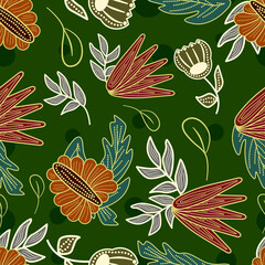 Green background floral batik seamless pattern