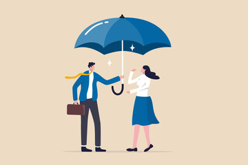 Good boss defend team for the right, cover or protection from business risk, help or support in career development concept, kindness businessman offer big umbrella to cover employee from bad weather.