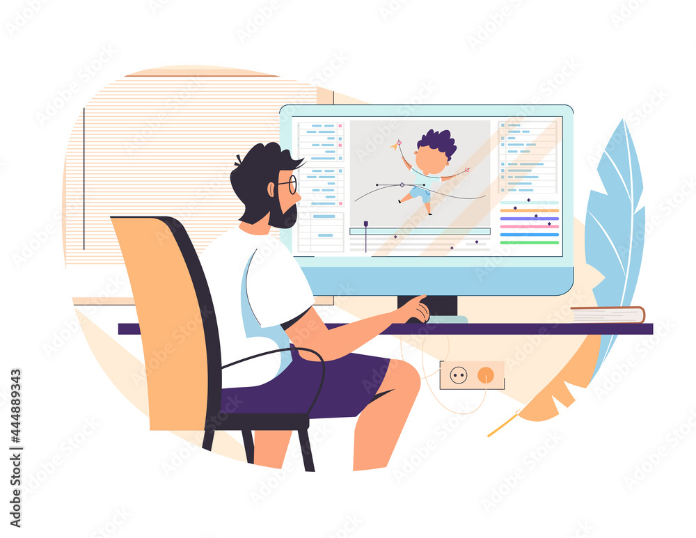 Wall mural guy animator designer in creative process vector illustration. man motion designer sitting at workpl