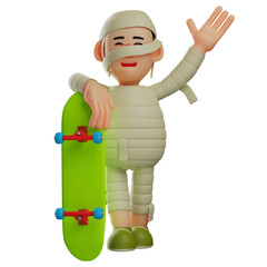 Cute Mummy 3D Cartoon Character with a skateboard