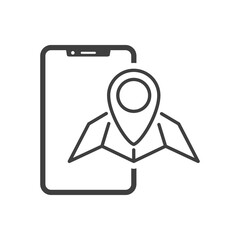 Icono smartphone con mapa con puntero con lineas en color gris