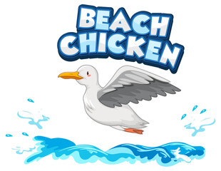Seagull bird cartoon character with Beach Chicken font banner isolated