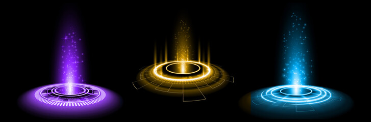 Color hologram portal. Magic fantasy portal. Magic circle teleport podium with hologram effect. Vector glow rays with sparks on clark ackground. - obrazy, fototapety, plakaty