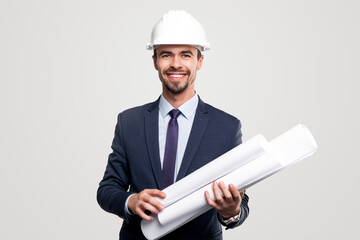 Friendly male contractor with blueprints