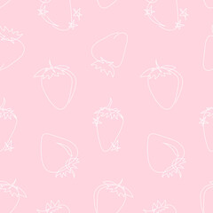 Cute pink pattern with strawberries and stars. Sweet pastel seamless pattern in line art style, baby print for fabric, textile, paper. Linear white strawberries on pastel pink background, girly print.