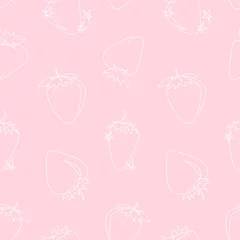 Photo sur Plexiglas Environnement naturel Joli motif rose avec des fraises et des étoiles. Modèle sans couture pastel doux dans le style d& 39 art en ligne, imprimé bébé pour tissu, textile, papier. Fraises blanches linéaires sur fond rose pastel, imprimé girly.