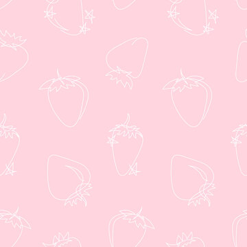 Cute pink pattern with strawberries and stars. Sweet pastel seamless pattern in line art style, baby print for fabric, textile, paper. Linear white strawberries on pastel pink background, girly print.