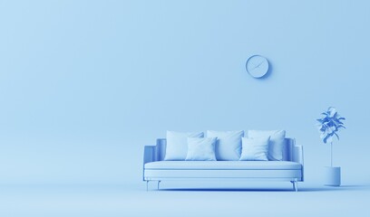 Interior of the room in plain monochrome pastel blue color with furnitures and room accessories. Light background with copy space. 3D rendering for web page, presentation or picture frame backgrounds. - obrazy, fototapety, plakaty