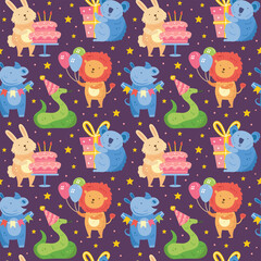 Happy birthday seamless pattern. Cute animal lion, rhino, koala, rabbit, snake. Present box, balloons, cake. Holiday decoration, celebration. Vector childish illustration. Isolated on background.